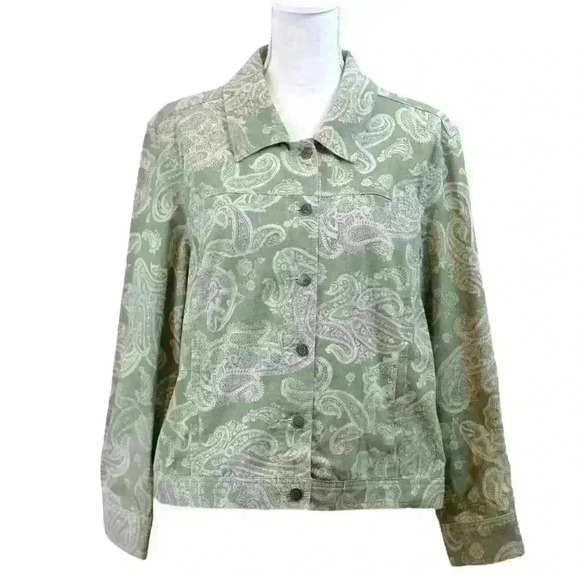 VINTAGE Croft & Barrow Lightweight Lt. Green Paisley Denim Jacket Size 16 - Picture 1 of 10
